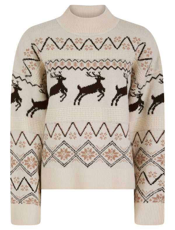 Women's Trad Jacquard Nordic Fair Isle Drop Shoulder Relaxed Fit High Neck Christmas Jumper in Ecru - Merry Christmas