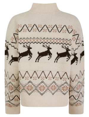 Women's Trad Jacquard Nordic Fair Isle Drop Shoulder Relaxed Fit High Neck Christmas Jumper in Ecru - Merry Christmas