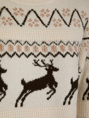 Women's Trad Jacquard Nordic Fair Isle Drop Shoulder Relaxed Fit High Neck Christmas Jumper in Ecru - Merry Christmas