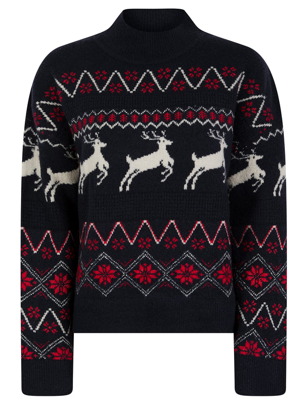 Women's Trad Jacquard Nordic Fair Isle Drop Shoulder Relaxed Fit High Neck Christmas Jumper in Ink - Merry Christmas