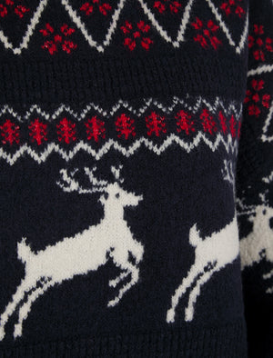 Women's Trad Jacquard Nordic Fair Isle Drop Shoulder Relaxed Fit High Neck Christmas Jumper in Ink - Merry Christmas