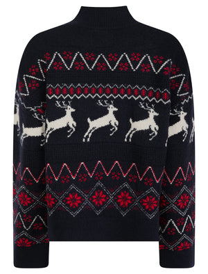 Women's Trad Jacquard Nordic Fair Isle Drop Shoulder Relaxed Fit High Neck Christmas Jumper in Ink - Merry Christmas