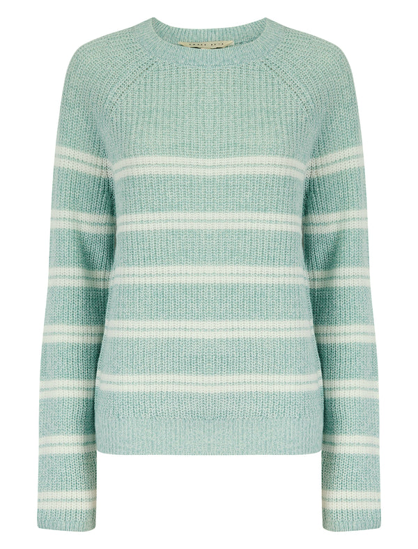 Women's Alessia Rib Knit Raglan Sleeve Crew Neck Striped Fisherman Style Knitted Jumper in Blue Surf - Amara Reya