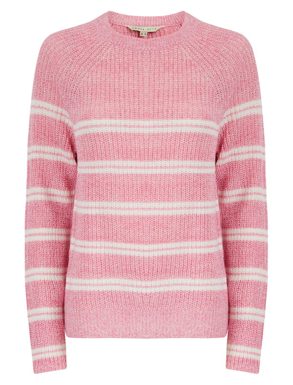 Women's Alessia Rib Knit Raglan Sleeve Crew Neck Striped Fisherman Style Knitted Jumper in Cashmere Rose - Amara Reya