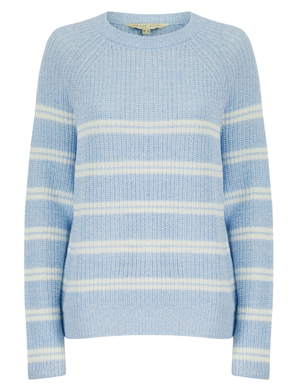 Women's Alessia Rib Knit Raglan Sleeve Crew Neck Striped Fisherman Style Knitted Jumper in Sky Blue - Amara Reya