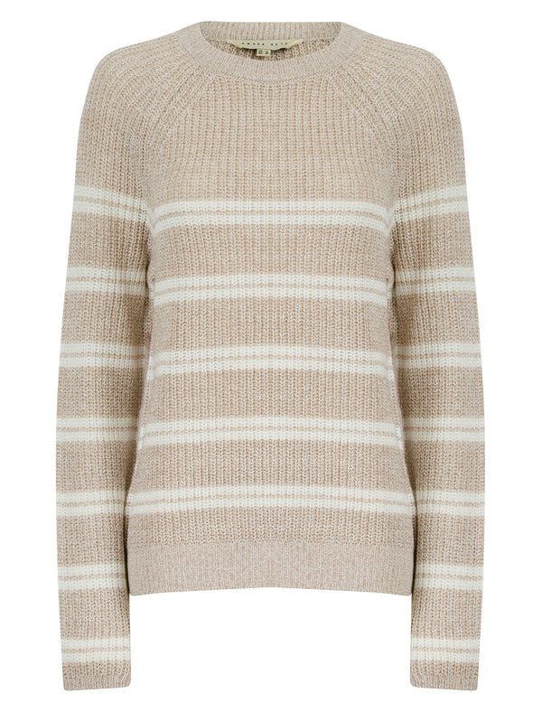 Women's Alessia Rib Knit Raglan Sleeve Crew Neck Striped Fisherman Style Knitted Jumper in Stone - Amara Reya