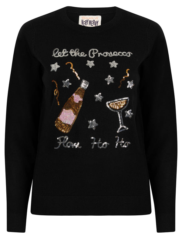 Women's Prosecco Flow Novelty Sequinned Knitted Crew Neck Christmas Jumper in Jet Black - Merry Christmas