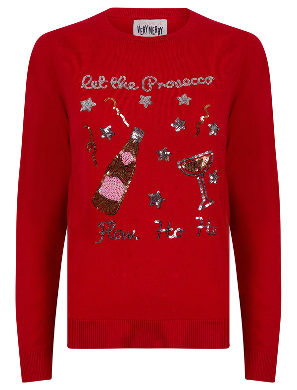Women's Prosecco Flow Novelty Sequinned Knitted Crew Neck Christmas Jumper in Tokyo Red - Merry Christmas