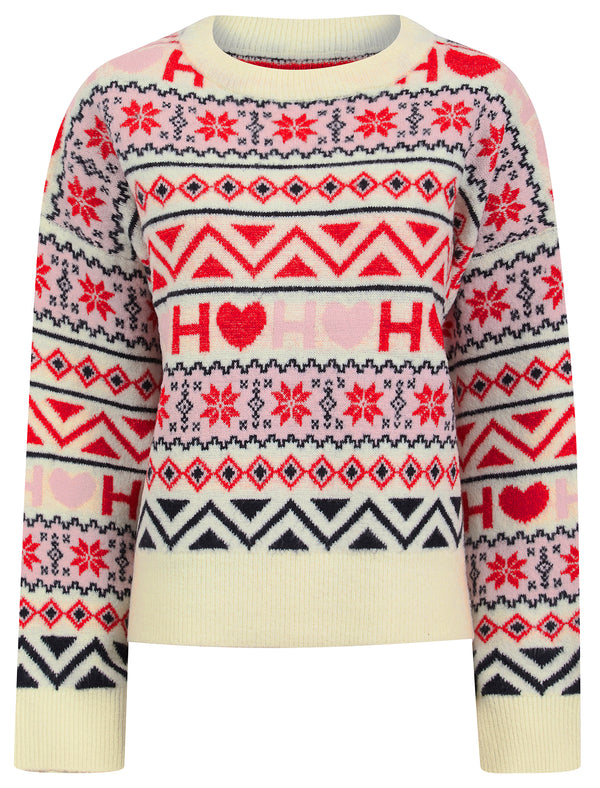 Women's Adria Jacquard Nordic Fair Isle Style Drop Shoulder Relaxed Fit Christmas Jumper in Gardenia - Merry Christmas