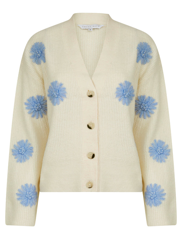 Strawflower Women's Drop Shoulder Embroidered V-Neck Rib Knit Cardigan in Ecru - Amara Reya