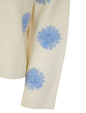 Strawflower Women's Drop Shoulder Embroidered V-Neck Rib Knit Cardigan in Ecru - Amara Reya