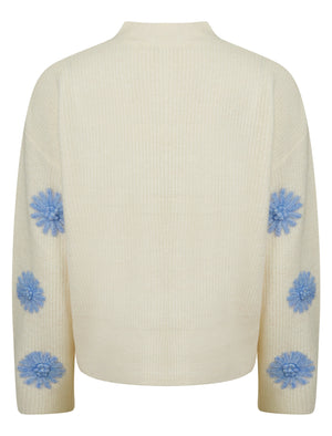 Strawflower Women's Drop Shoulder Embroidered V-Neck Rib Knit Cardigan in Ecru - Amara Reya