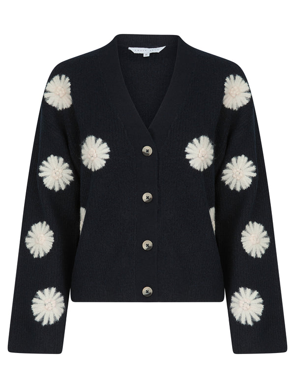 Strawflower Women's Drop Shoulder Embroidered V-Neck Rib Knit Cardigan in Sky Captain Navy - Amara Reya