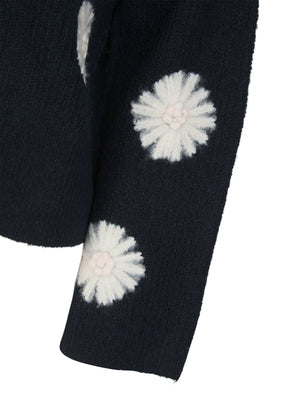 Strawflower Women's Drop Shoulder Embroidered V-Neck Rib Knit Cardigan in Sky Captain Navy - Amara Reya