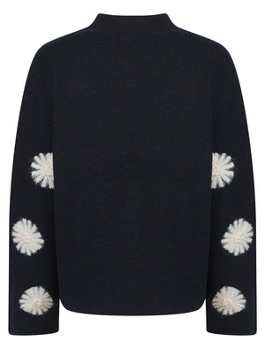 Strawflower Women's Drop Shoulder Embroidered V-Neck Rib Knit Cardigan in Sky Captain Navy - Amara Reya