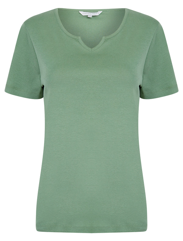 Calandra Plain 100% Cotton Notch Neck T-Shirt in Green Bay - Amara Reya