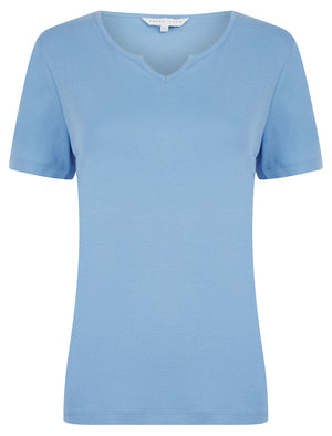 Calandra Plain 100% Cotton Notch Neck T-Shirt in Hydrangea Blue - Amara Reya