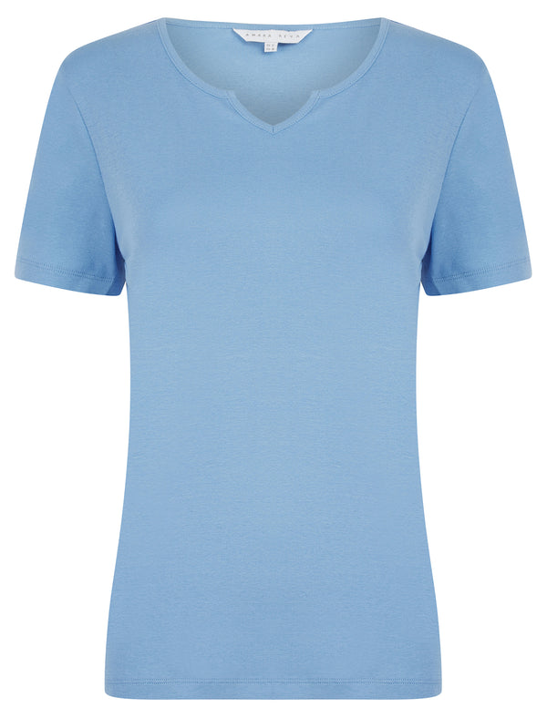 Calandra Plain 100% Cotton Notch Neck T-Shirt in Hydrangea Blue - Amara Reya