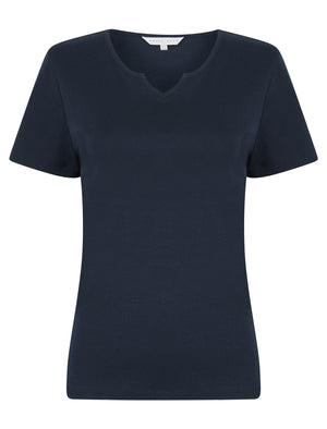 Calandra Plain 100% Cotton Notch Neck T-Shirt in Peacoat Blue - Amara Reya