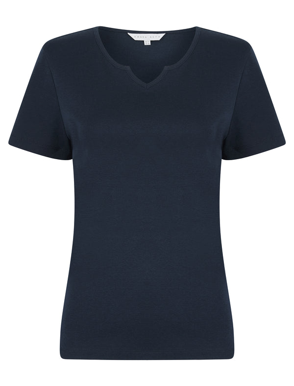 Calandra Plain 100% Cotton Notch Neck T-Shirt in Peacoat Blue - Amara Reya