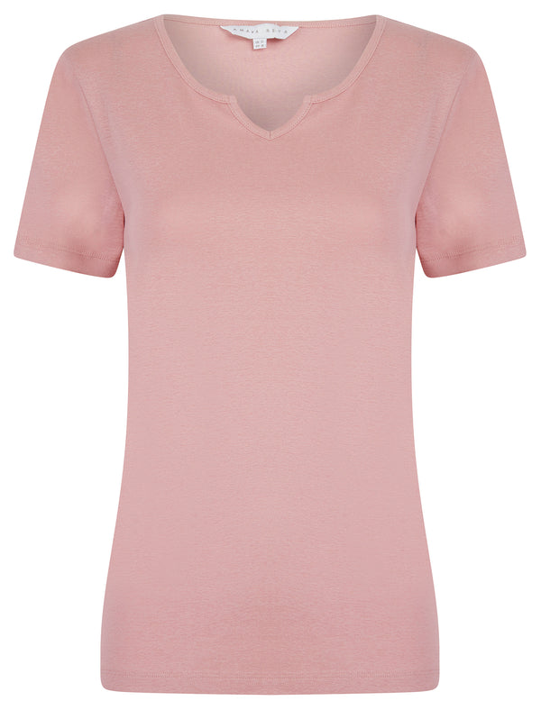 Calandra Plain 100% Cotton Notch Neck T-Shirt in Zephyr Rose - Amara Reya