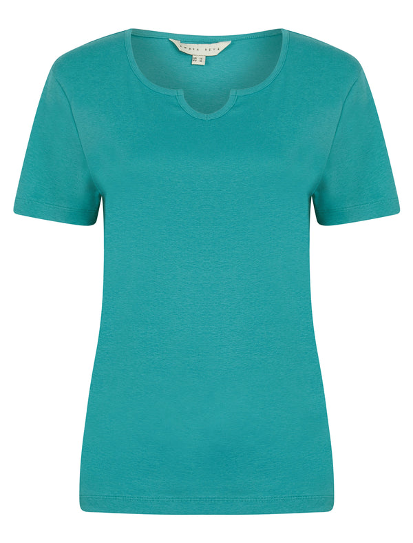 Calandra Plain 100% Cotton Notch Neck T-Shirt in Brittany Teal - Amara Reya