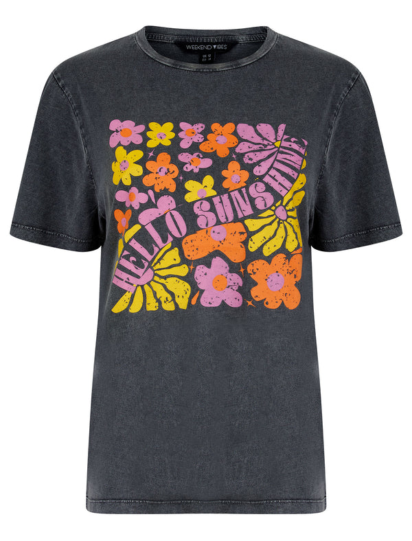 Caprice Graphic Motif Cotton Jersey Crew Neck Acid Wash T-Shirt in Charcoal - Weekend Vibes