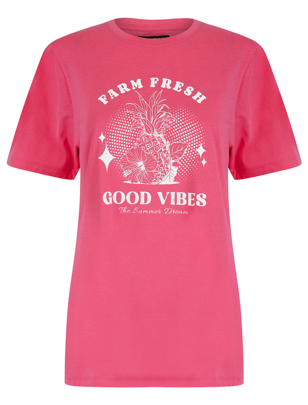 Zesty Graphic Motif Cotton Jersey Crew Neck T-Shirt in Pink Cosmos - Weekend Vibes