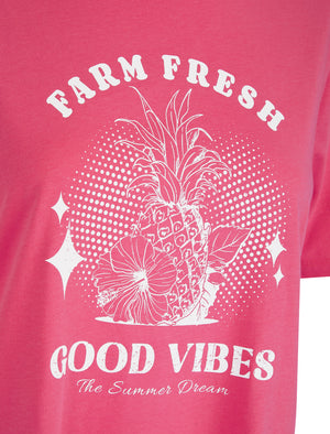 Zesty Graphic Motif Cotton Jersey Crew Neck T-Shirt in Pink Cosmos - Weekend Vibes