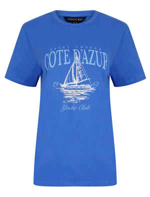 Tropez Graphic Motif Cotton Jersey Crew Neck T-Shirt in Baja Blue - Weekend Vibes