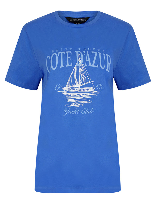 Tropez Graphic Motif Cotton Jersey Crew Neck T-Shirt in Baja Blue - Weekend Vibes