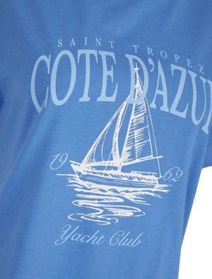 Tropez Graphic Motif Cotton Jersey Crew Neck T-Shirt in Baja Blue - Weekend Vibes