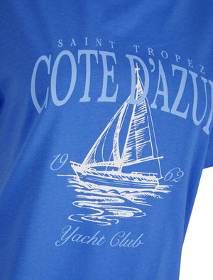 Tropez Graphic Motif Cotton Jersey Crew Neck T-Shirt in Baja Blue - Weekend Vibes