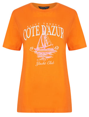 Tropez Graphic Motif Cotton Jersey Crew Neck T-Shirt in Celosia Orange - Weekend Vibes