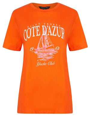Tropez Graphic Motif Cotton Jersey Crew Neck T-Shirt in Celosia Orange - Weekend Vibes