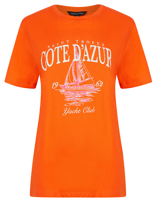 Tropez Graphic Motif Cotton Jersey Crew Neck T-Shirt in Celosia Orange - Weekend Vibes
