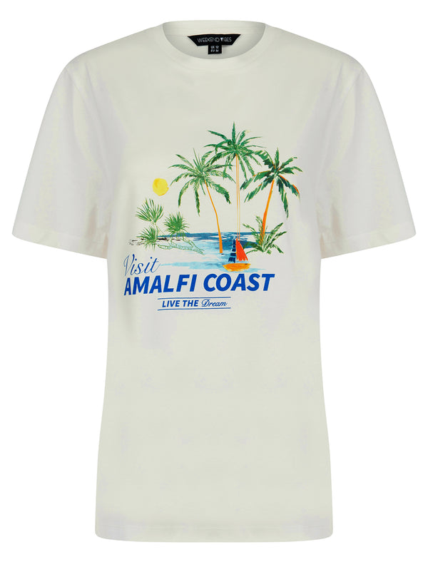 Amalfi Graphic Motif Cotton Jersey Crew Neck T-Shirt in Cream - Weekend Vibes
