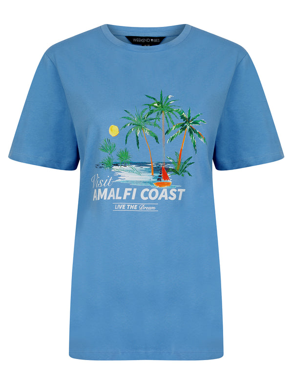 Amalfi Graphic Motif Cotton Jersey Crew Neck T-Shirt in Hydrangea Blue - Weekend Vibes