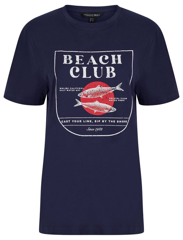 Sardine Graphic Motif Cotton Jersey Crew Neck T-Shirt in Patriot Blue - Weekend Vibes