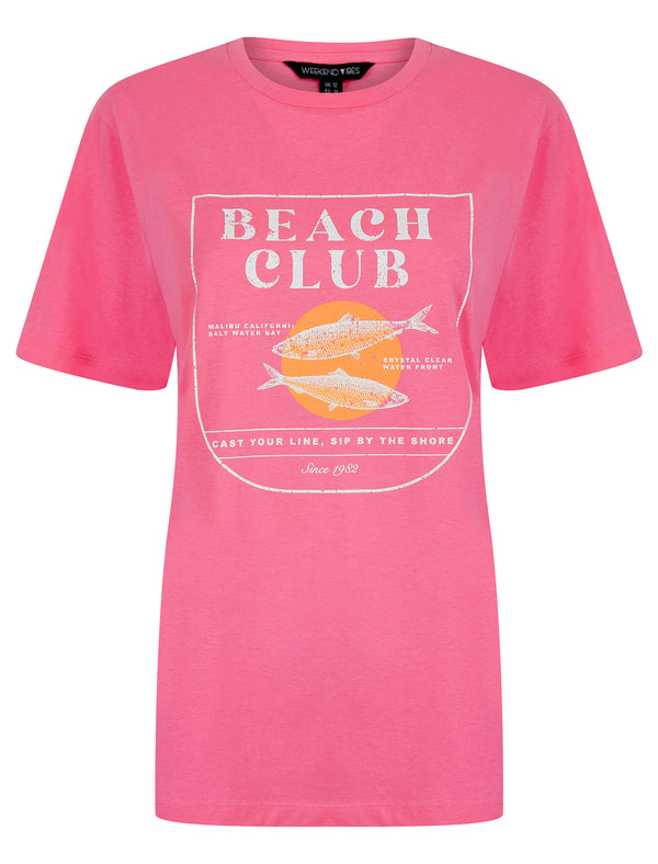 Sardine Graphic Motif Cotton Jersey Crew Neck T-Shirt in Pink Cosmos - Weekend Vibes