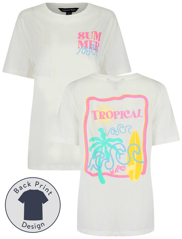 Surfy Graphic Motif Cotton Crew Neck T-Shirt with Back-Print in Cream - Weekend Vibes