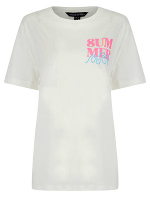 Surfy Graphic Motif Cotton Crew Neck T-Shirt with Back-Print in Cream - Weekend Vibes