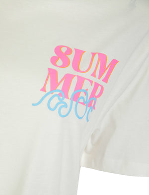 Surfy Graphic Motif Cotton Crew Neck T-Shirt with Back-Print in Cream - Weekend Vibes