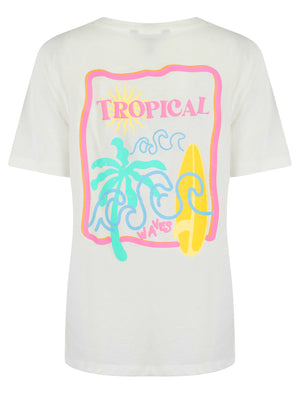 Surfy Graphic Motif Cotton Crew Neck T-Shirt with Back-Print in Cream - Weekend Vibes
