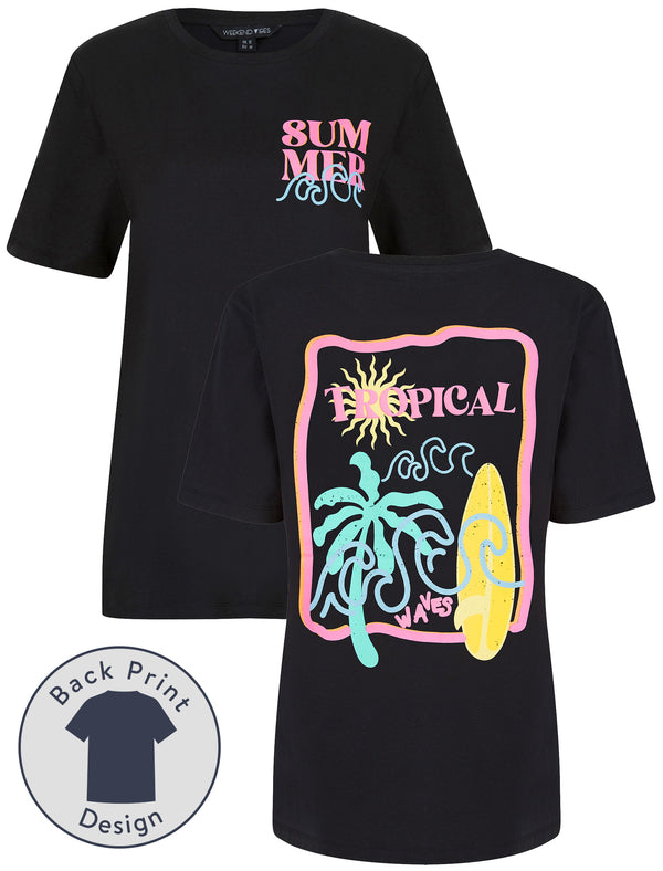 Surfy Graphic Motif Cotton Crew Neck T-Shirt with Back-Print in Jet Black - Weekend Vibes