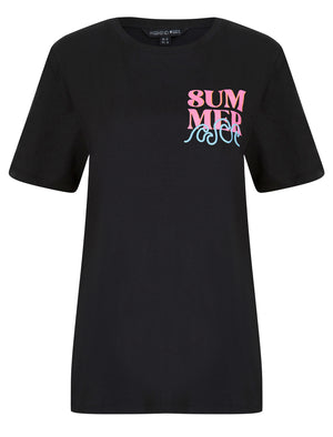 Surfy Graphic Motif Cotton Crew Neck T-Shirt with Back-Print in Jet Black - Weekend Vibes