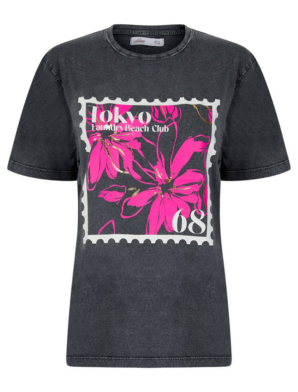 Poster Graphic Motif Cotton Jersey Crew Neck Acid Wash T-Shirt in Charcoal - Tokyo Laundry