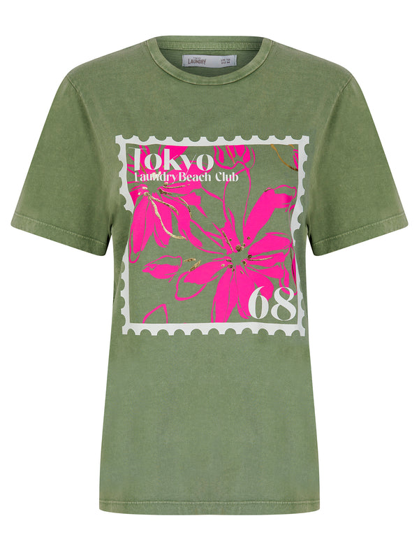 Poster Graphic Motif Cotton Jersey Crew Neck Acid Wash T-Shirt in Sage - Tokyo Laundry