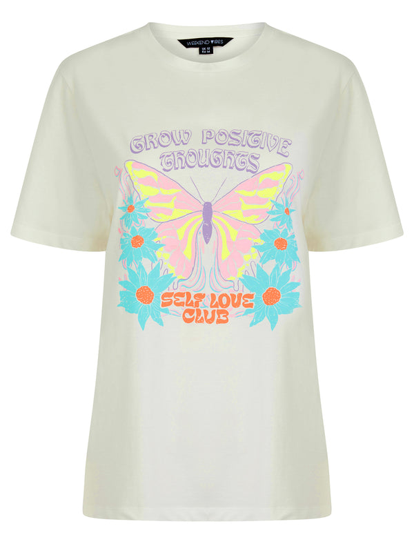 Butterfly Graphic Motif Cotton Jersey Crew Neck T-Shirt in Cream - Weekend Vibes