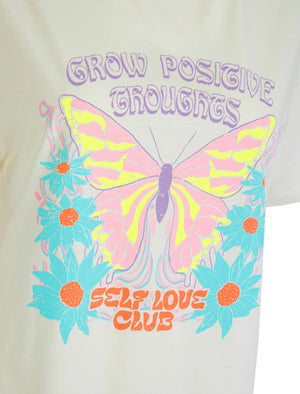 Butterfly Graphic Motif Cotton Jersey Crew Neck T-Shirt in Cream - Weekend Vibes